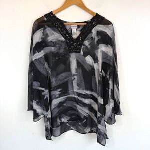 Chico's 100% Silk Beaded Kaftan Top Sz 3 XL Black Abstract Sequin Whimsigoth